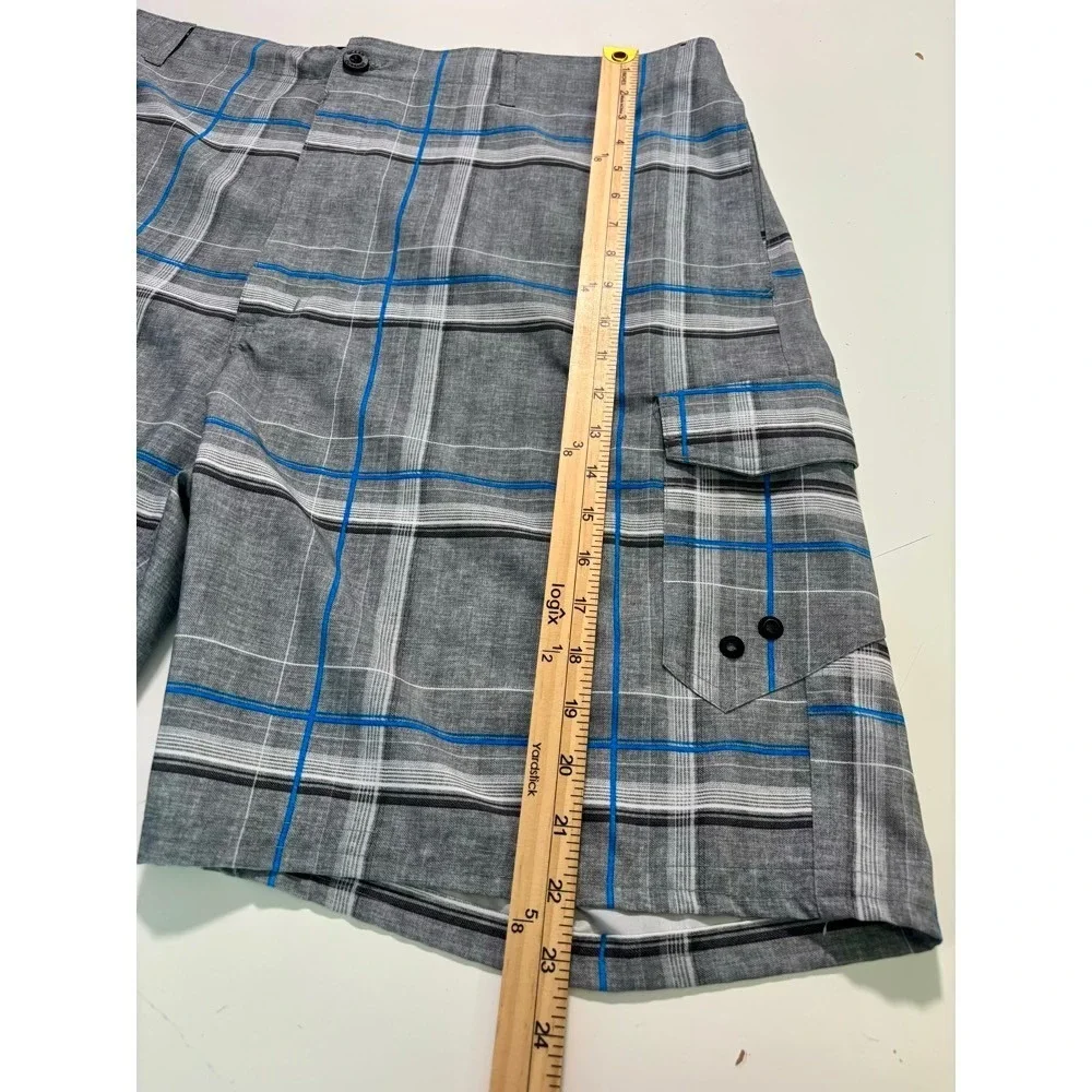 Ocean Current Mens Grey Blue Plaid Cargo Board Shorts Hybrid Swim Trunks Size 40